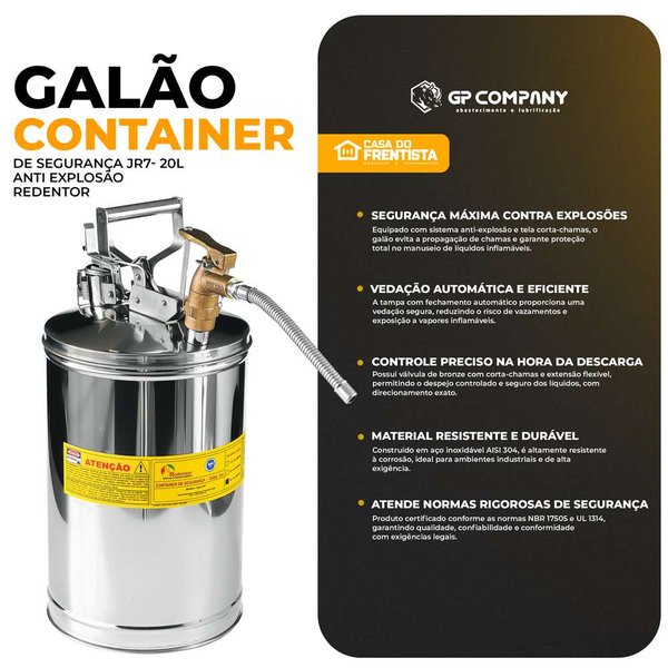 Galão Container de Segurança JR7- 20L Anti Explosão Redentor