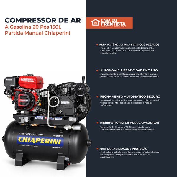 Compressor de Ar 20 Pés à Gasolina Partida Manual 175Psi 150L 9Hp