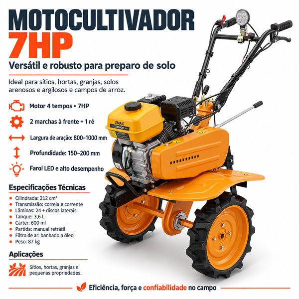 Motocultivador a Gasolina 4T 7,0CV 212CC com Partida Manual e